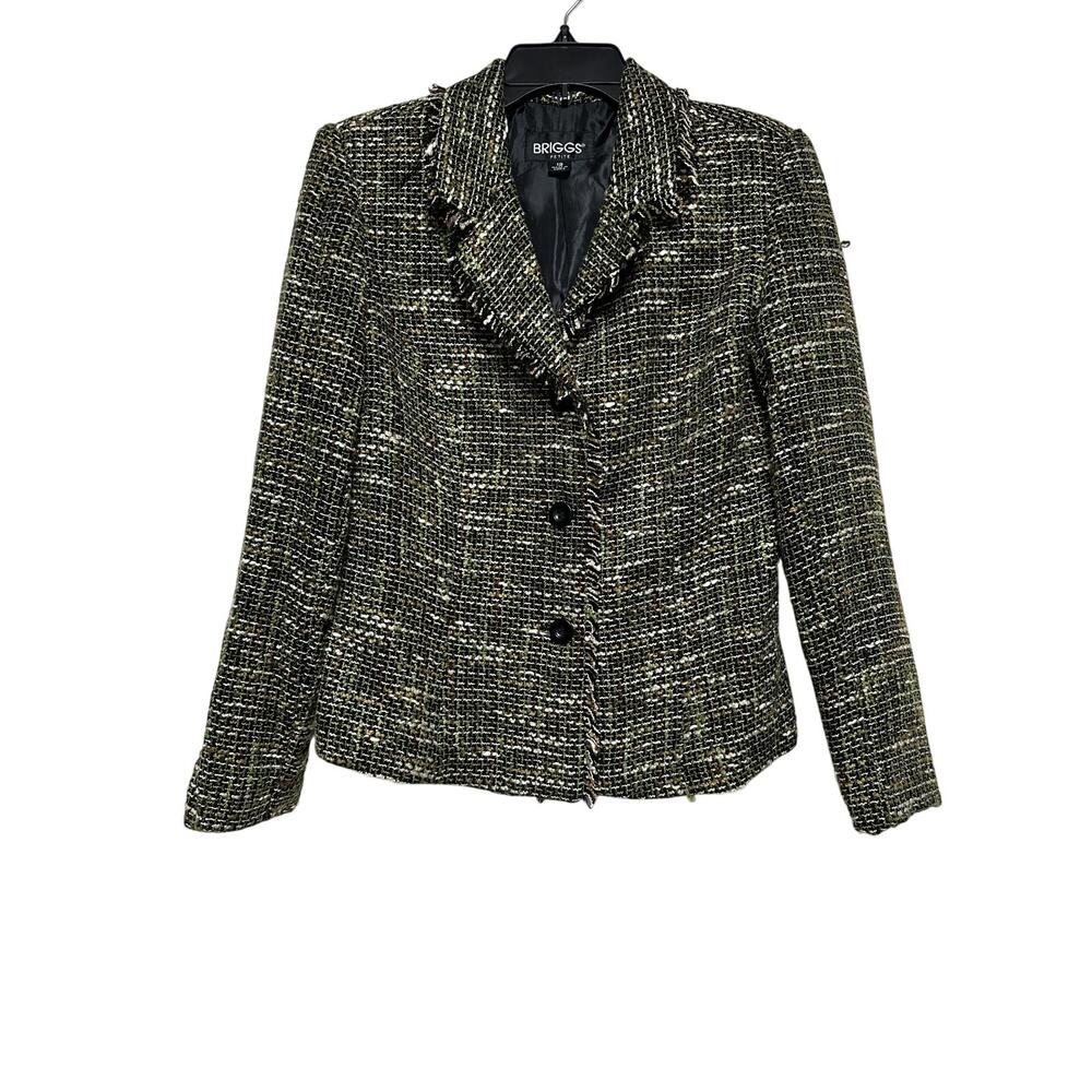 Briggs Tweed Blazer Women’s Size 12 P Green Multi-Colored Three-Button Frayed